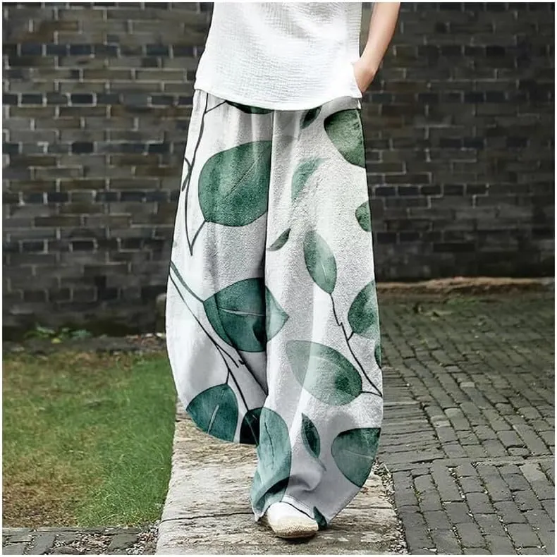 ZOCAVIA Japanese Style Lantern Pants for Women Summer Baggy Boho Floral Wide Leg Pants Elastic Hippie Trouser with Pockets