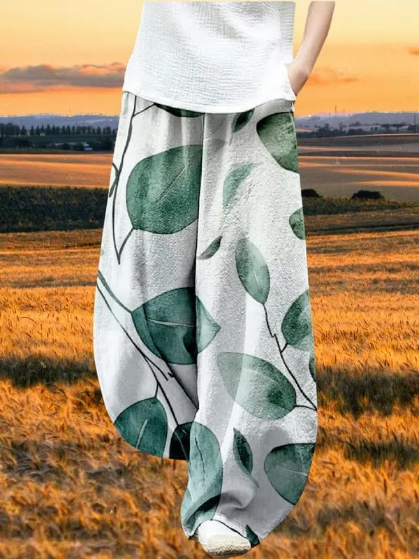 ZOCAVIA Japanese Style Lantern Pants for Women Summer Baggy Boho Floral Wide Leg Pants Elastic Hippie Trouser with Pockets