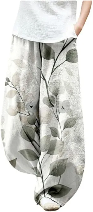 ZOCAVIA Japanese Style Lantern Pants for Women Summer Baggy Boho Floral Wide Leg Pants Elastic Hippie Trouser with Pockets