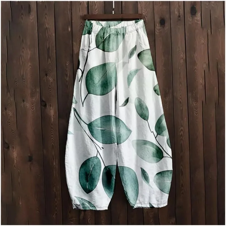 ZOCAVIA Japanese Style Lantern Pants for Women Summer Baggy Boho Floral Wide Leg Pants Elastic Hippie Trouser with Pockets