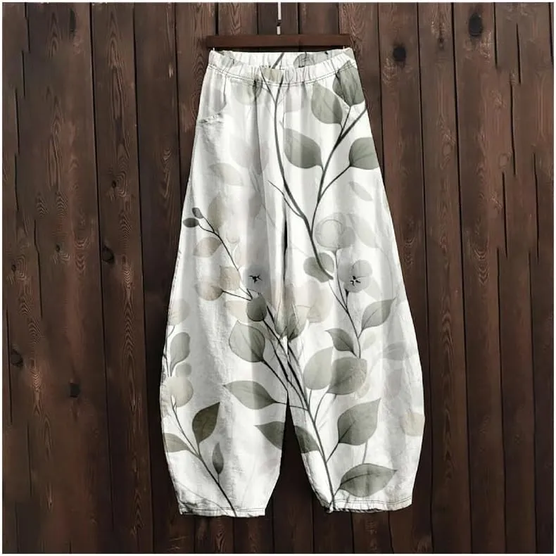 ZOCAVIA Japanese Style Lantern Pants for Women Summer Baggy Boho Floral Wide Leg Pants Elastic Hippie Trouser with Pockets
