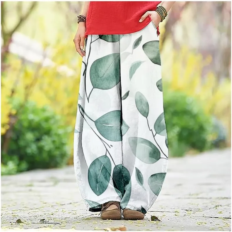 ZOCAVIA Japanese Style Lantern Pants for Women Summer Baggy Boho Floral Wide Leg Pants Elastic Hippie Trouser with Pockets