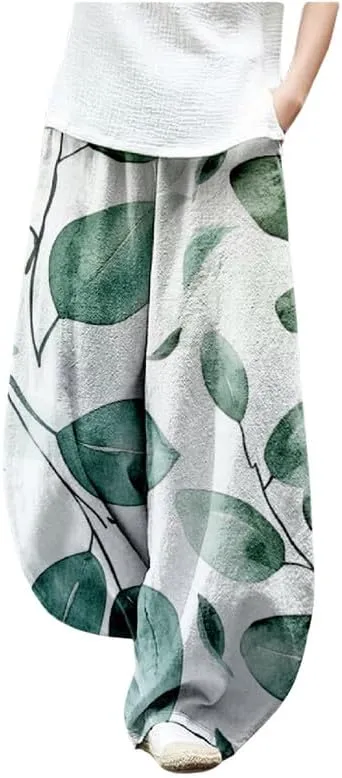ZOCAVIA Japanese Style Lantern Pants for Women Summer Baggy Boho Floral Wide Leg Pants Elastic Hippie Trouser with Pockets