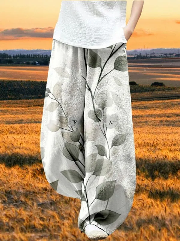 ZOCAVIA Japanese Style Lantern Pants for Women Summer Baggy Boho Floral Wide Leg Pants Elastic Hippie Trouser with Pockets